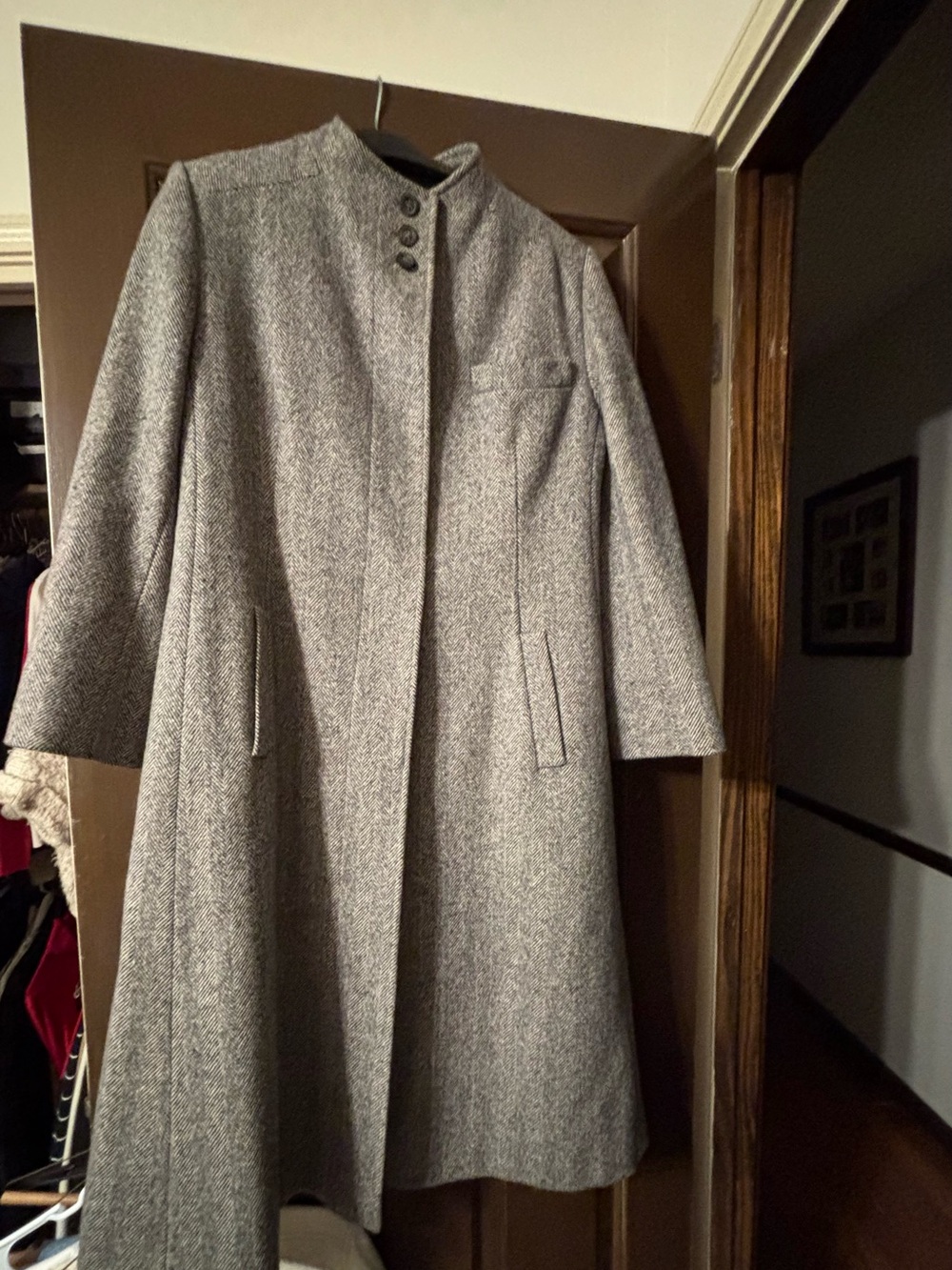 Womens Gray Wool-Blend Stand-Collar Coat